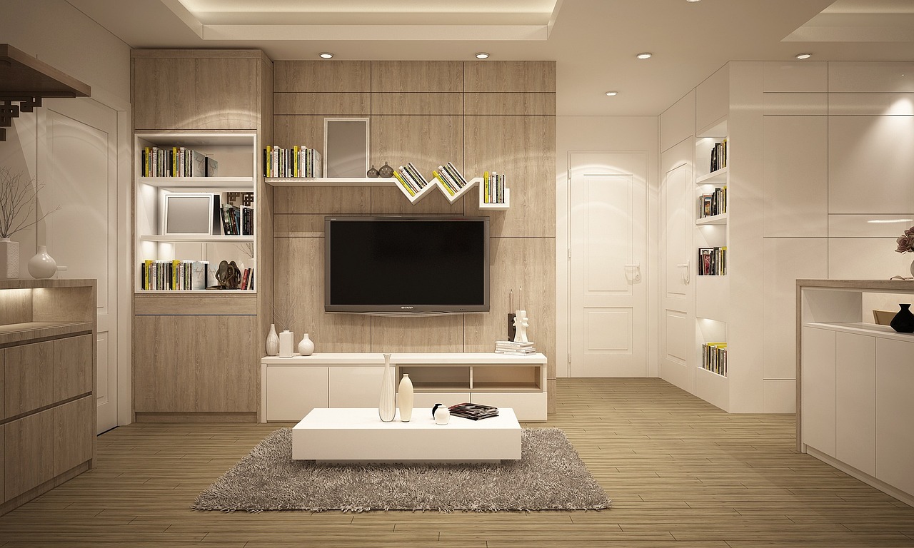 Minimalistische woonkamer met praktische opbergmeubels. Minimalistische woonkamer met praktische opbergmeubels.